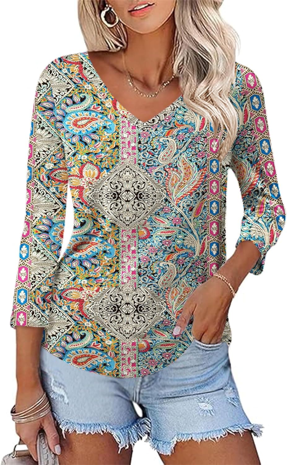 Rapbin Women Blouses 3/4 Length Sleeve V Neck Tunic Tops for Ladies Casual Loose Fit 2026 Summer Floral Elegant Shirts